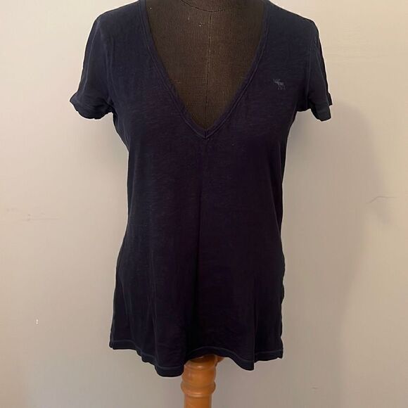Abercrombie & Fitch Women's Navy Blue Cotton Plunging V Neck Shirt - Picture 1 of 7
